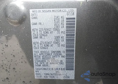 2018 Nissan Rogue Sv from USA, damaged, VIN 5N1AT2MV2JC838488